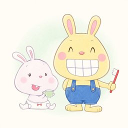 歯ブラシを持って笑う、いわき南歯科クリニックのうさぎキャラクター